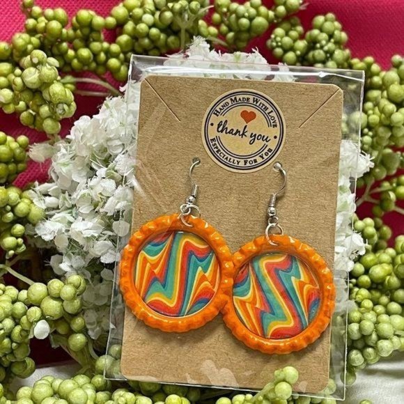 Psychedelic Electric Shock Bottle Cap Retro 60's Dangle Fish-hook Earrings Handc - Picture 1 of 4